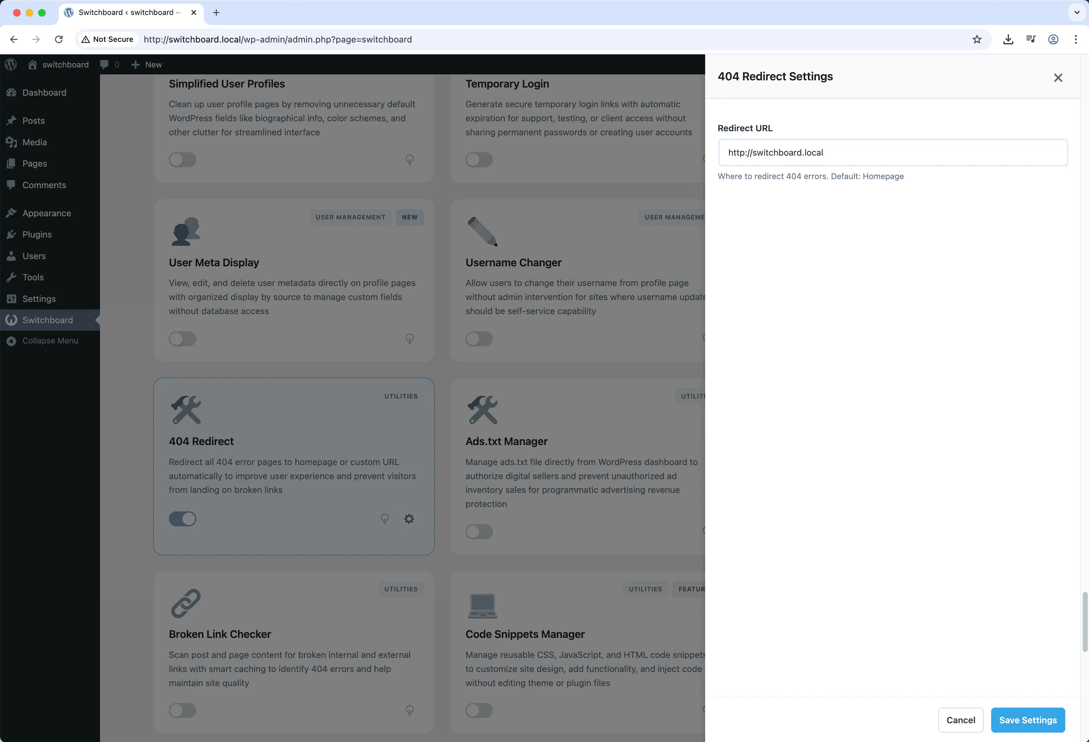 Settings - 404 Redirect module