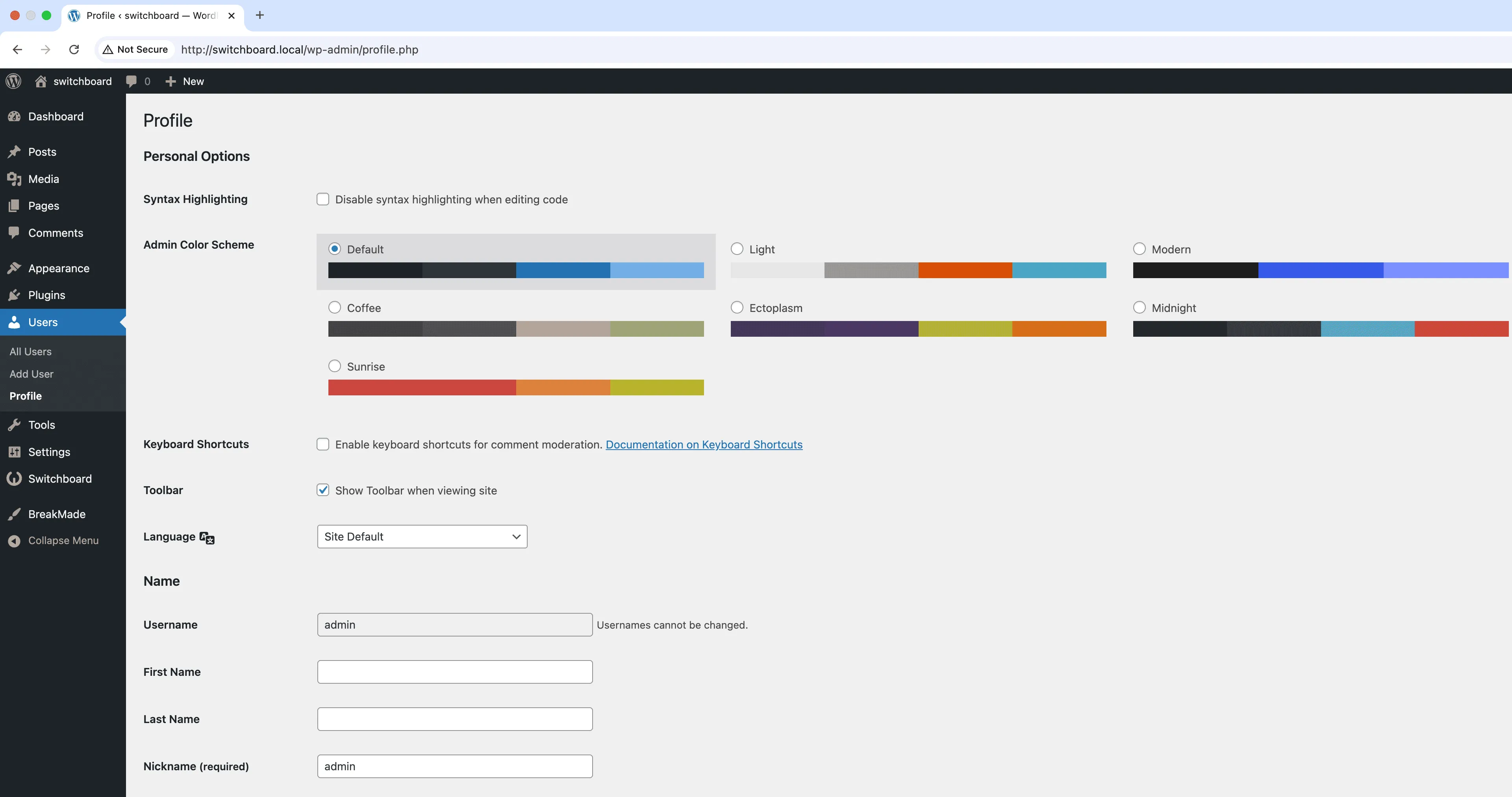 Before - Admin Color Schemes module