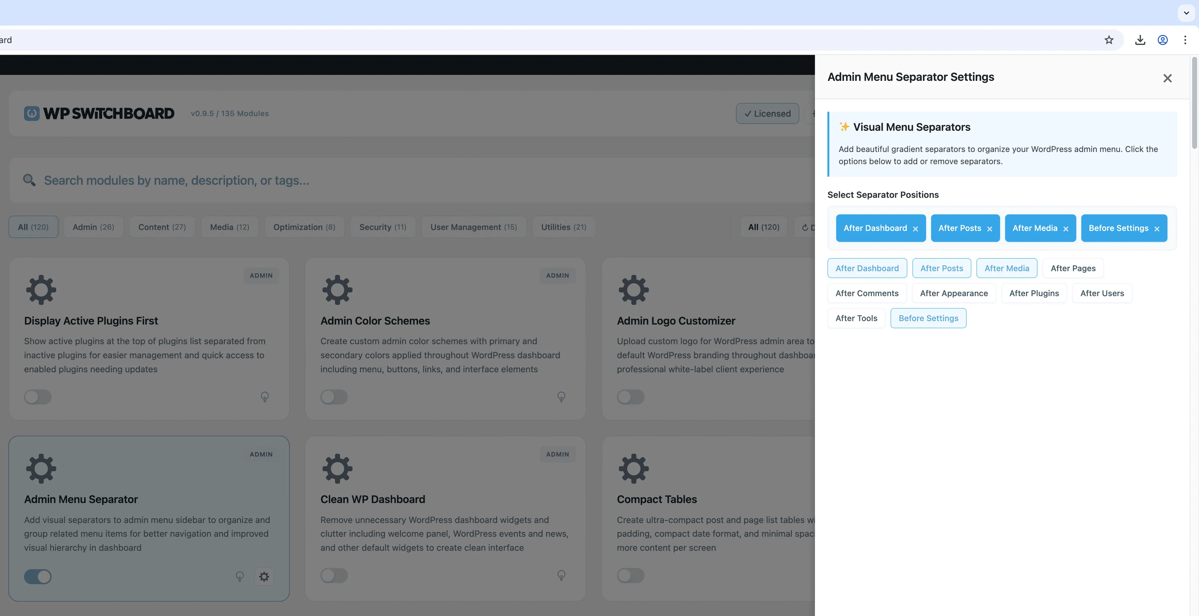Settings - Admin Menu Separator module