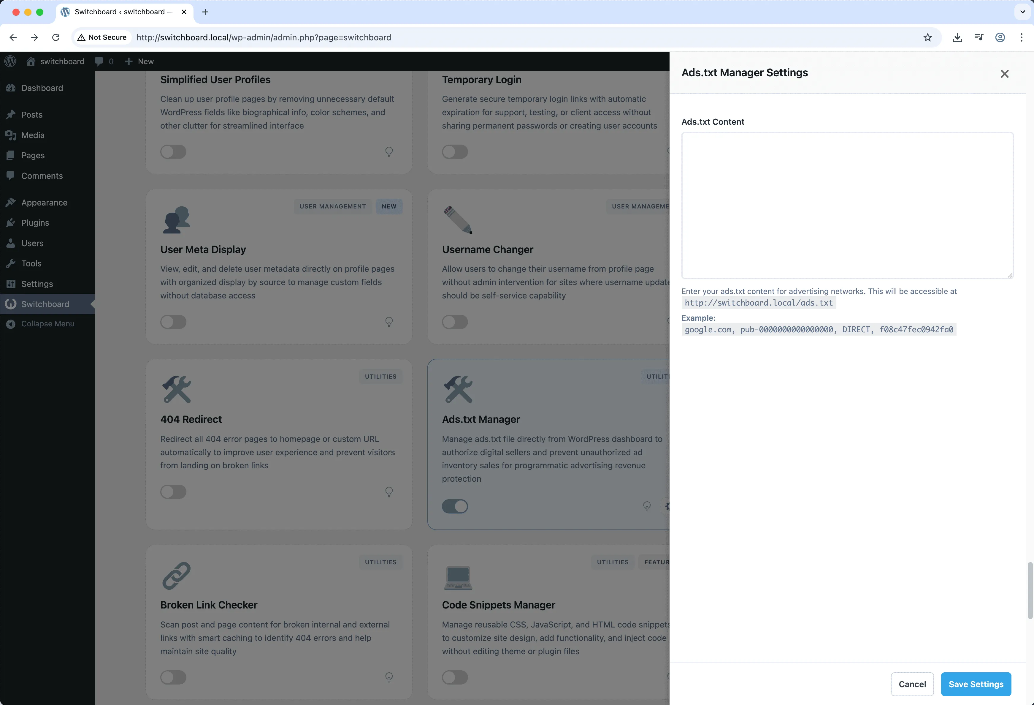 Settings - Ads.txt Manager module