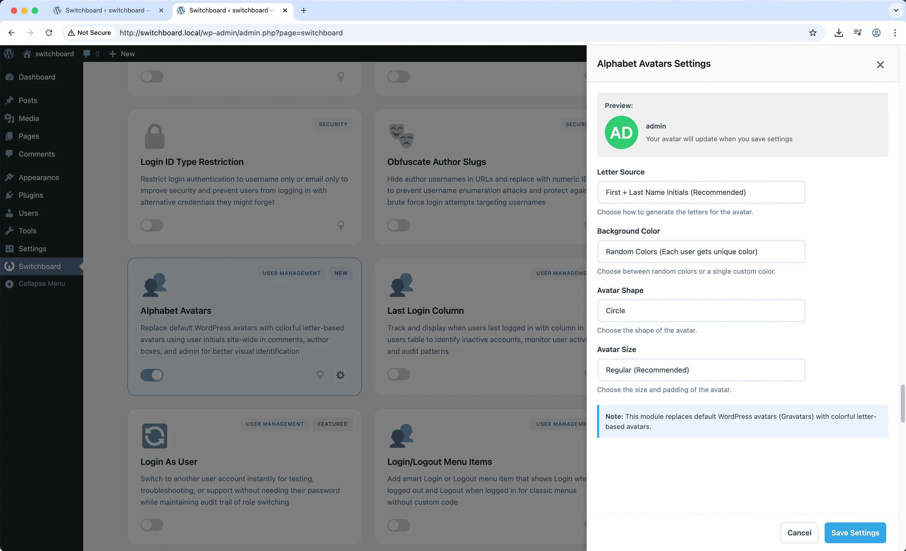 Settings - Alphabet Avatars module