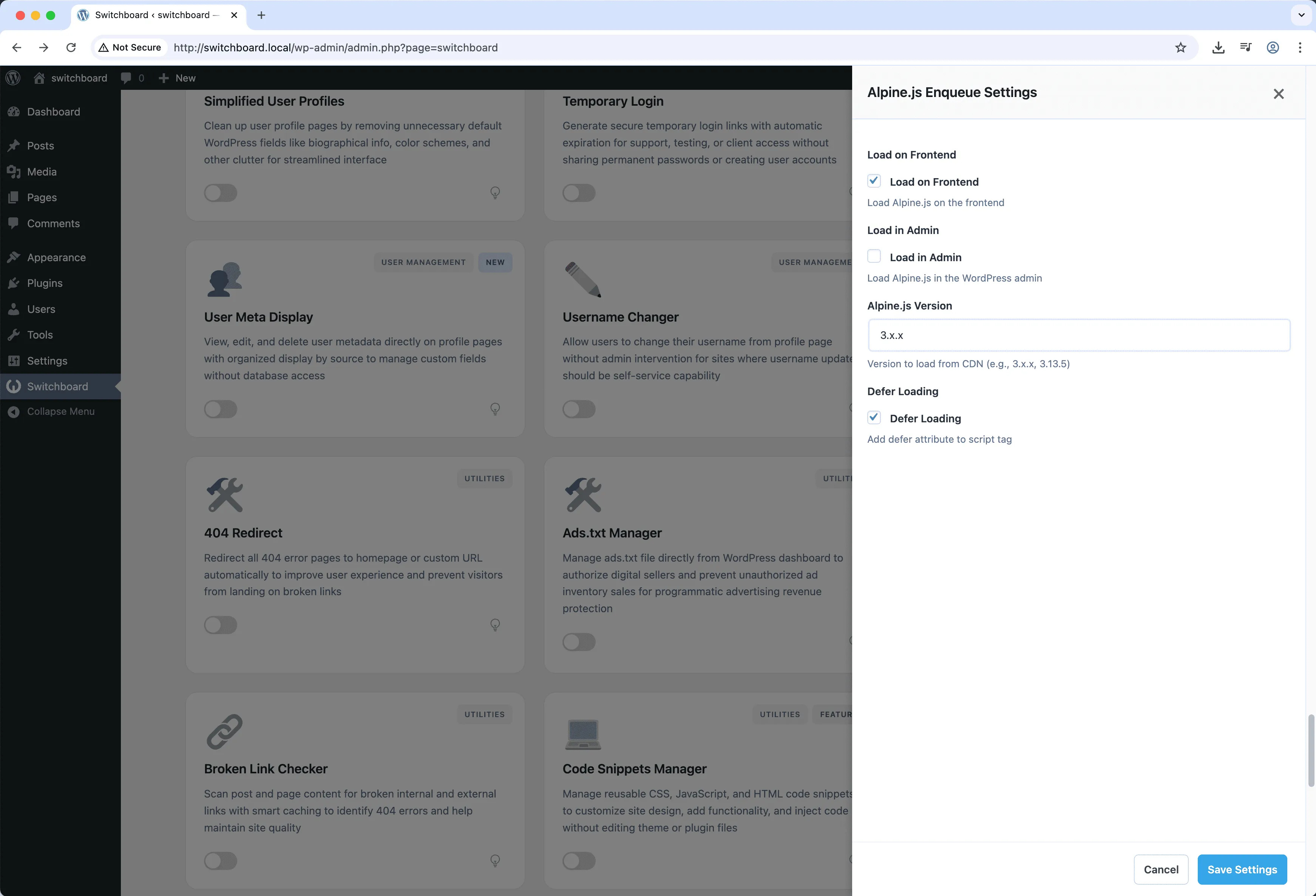 Settings - Alpine.js Enqueue module