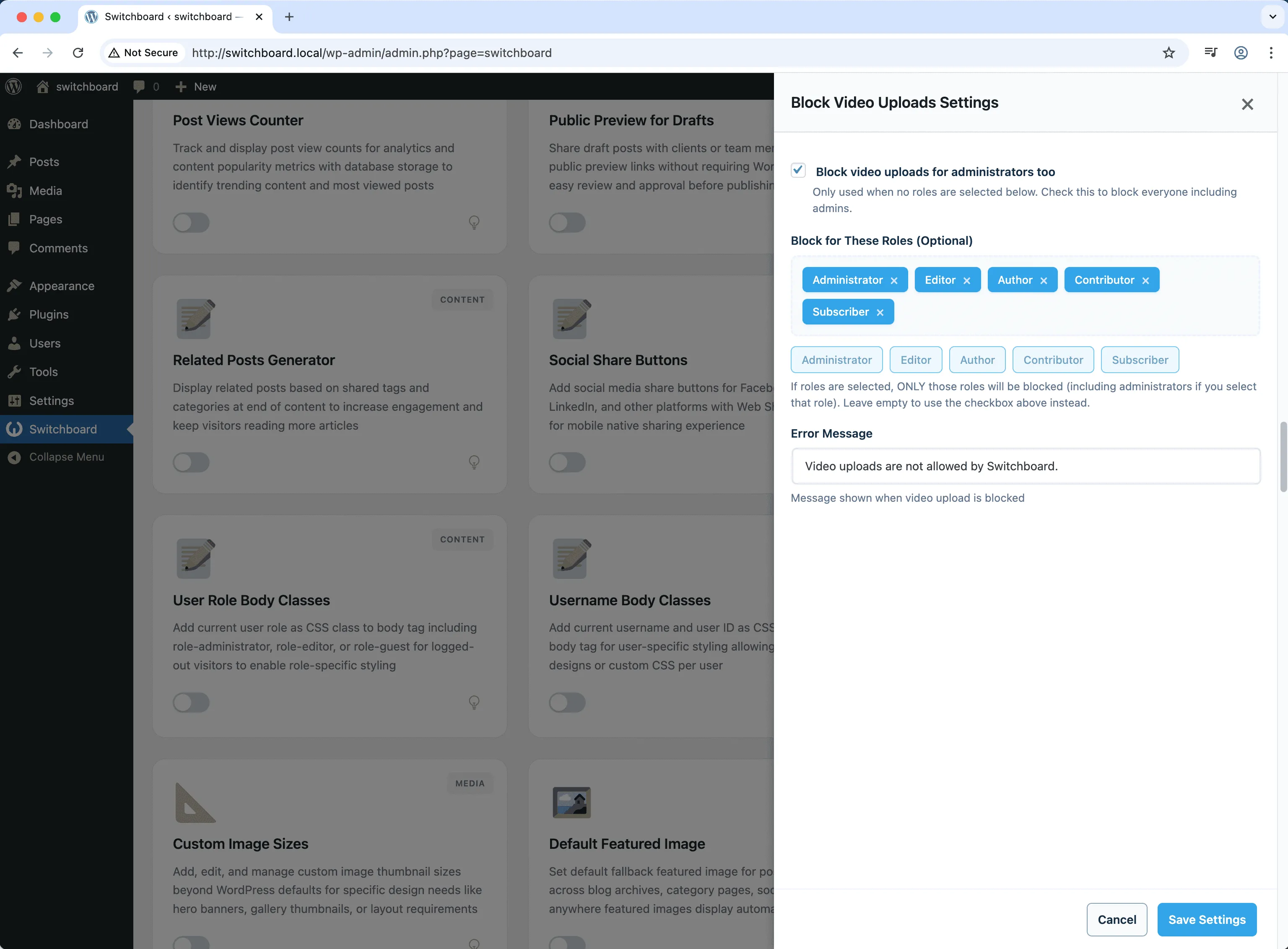 Settings - Block Video Uploads module