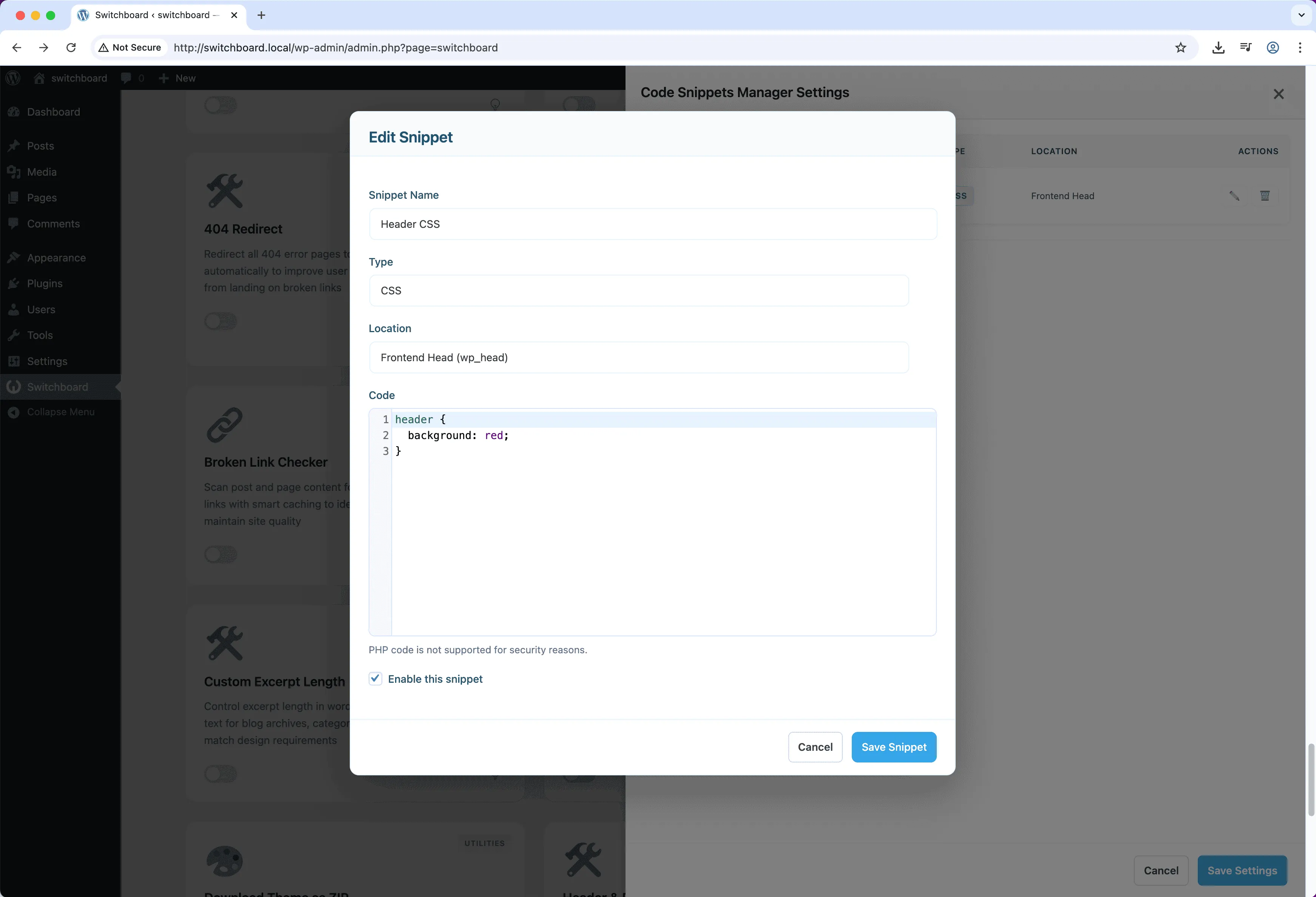 Settings 1 - Code Snippets Manager module