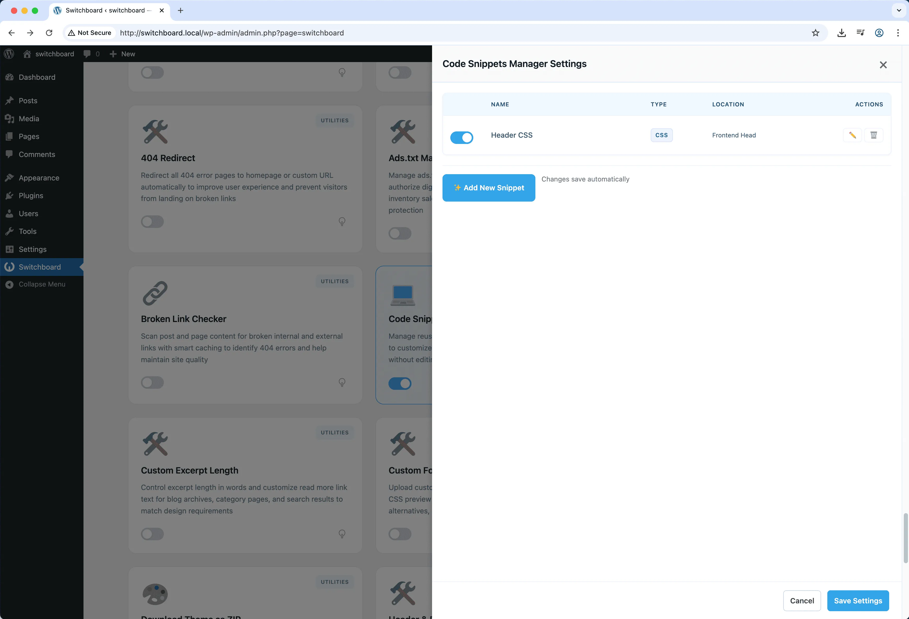 Settings 2 - Code Snippets Manager module