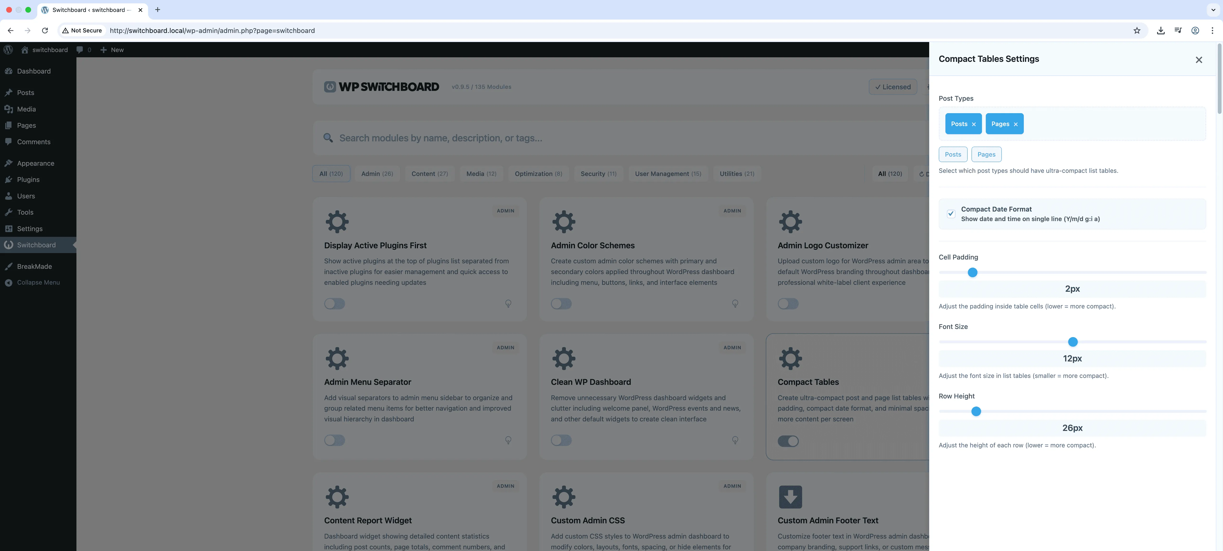 Settings - Compact Tables module