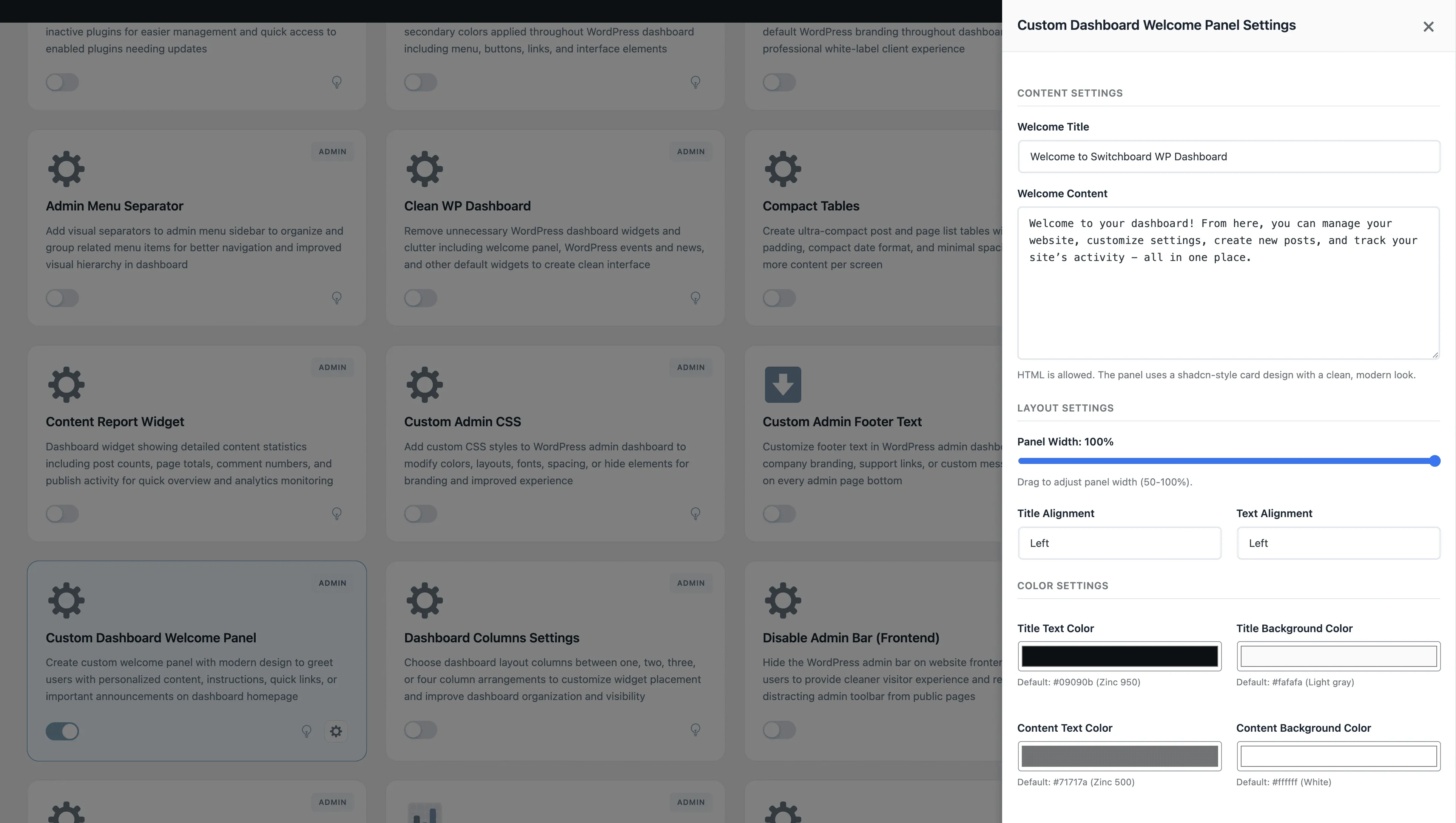 Settings - Custom Dashboard Welcome Panel module