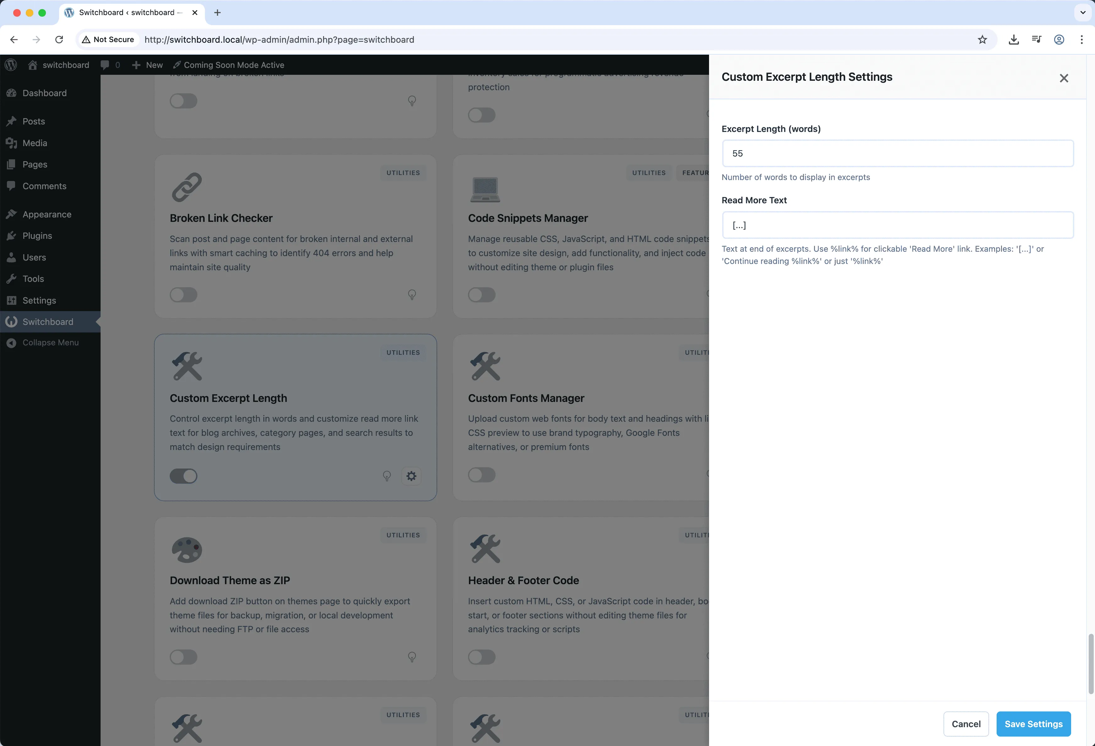 Settings - Custom Excerpt Length module