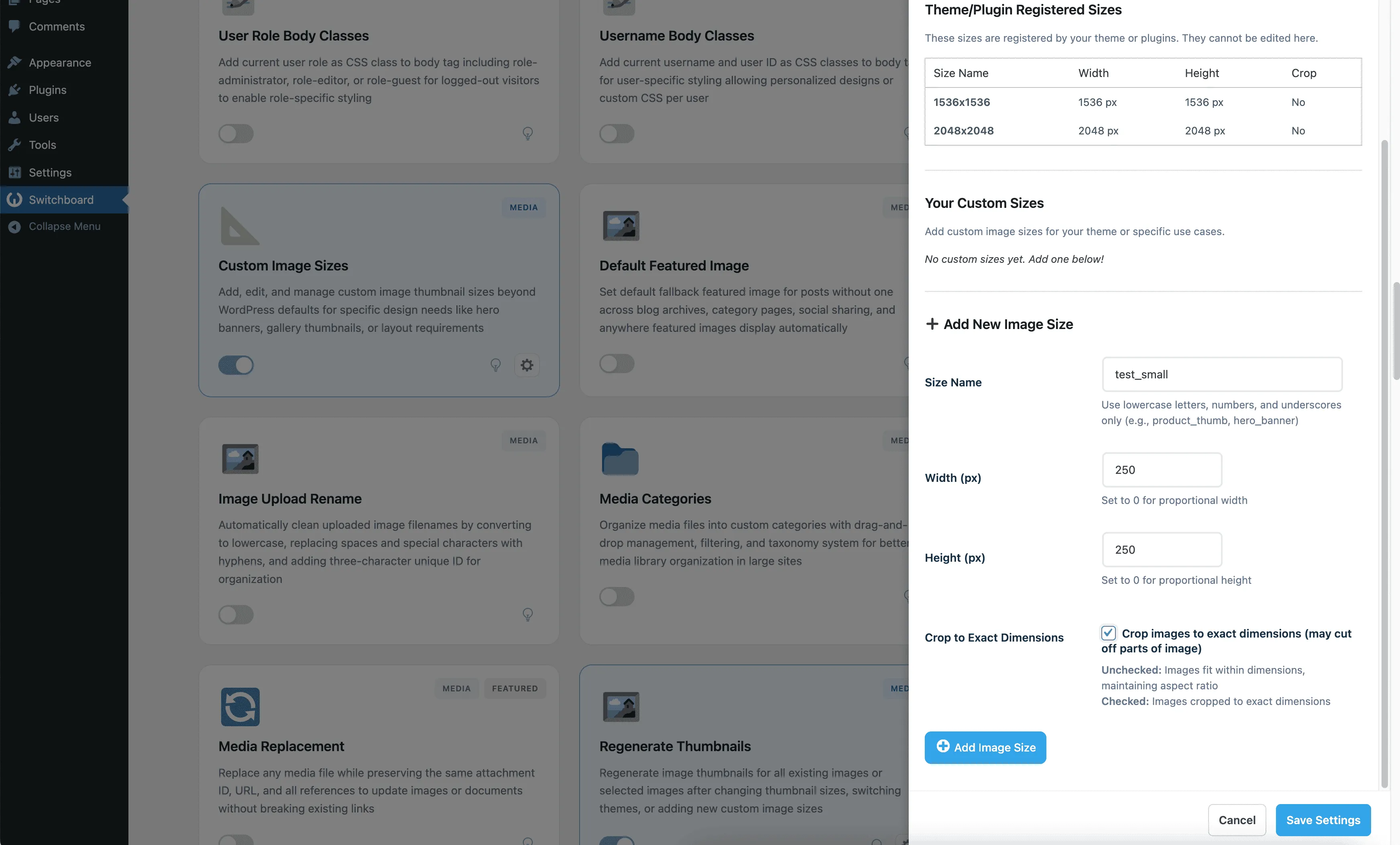 Settings 1 - Custom Image Sizes module