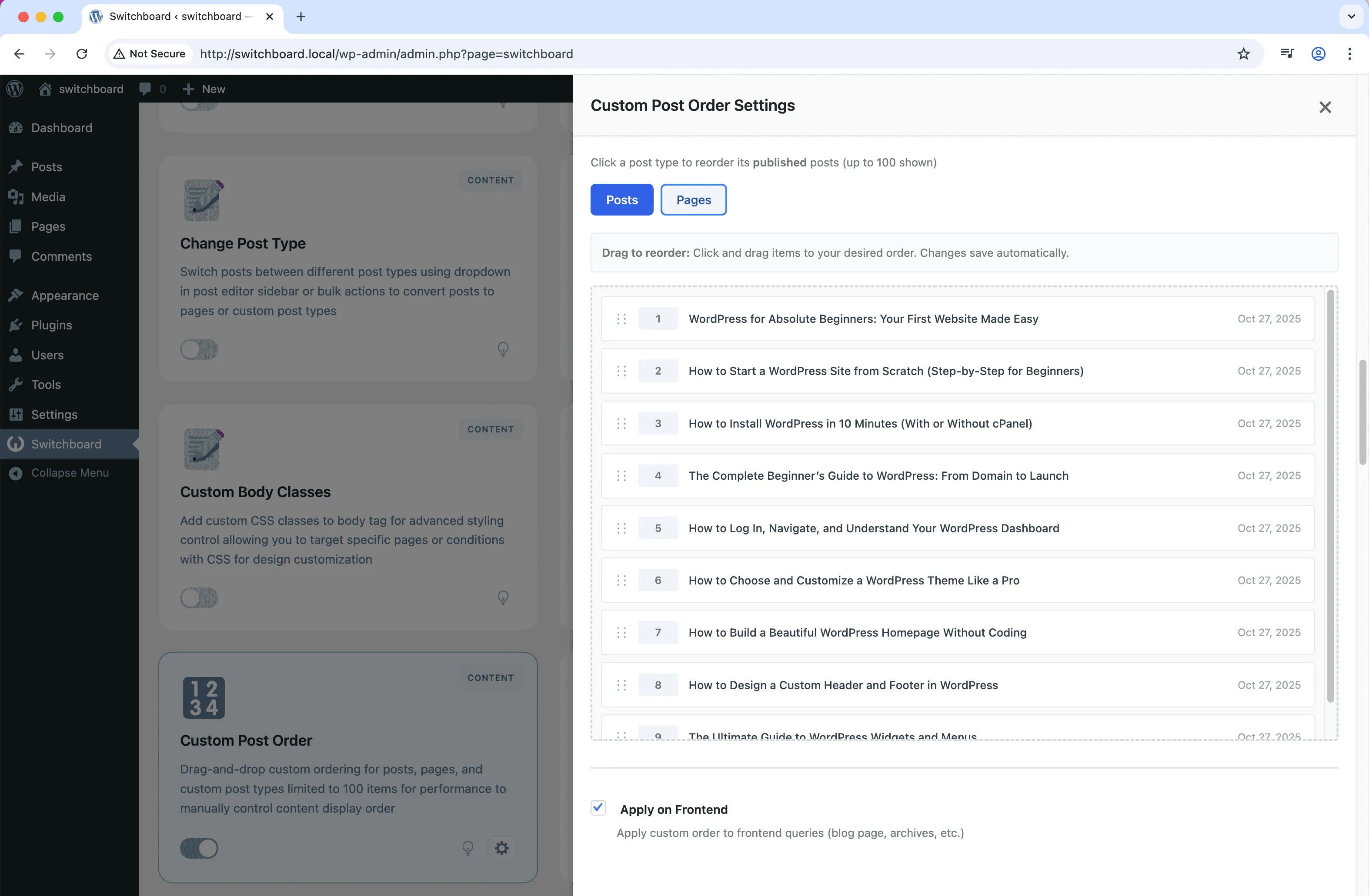 Settings - Custom Post Order module