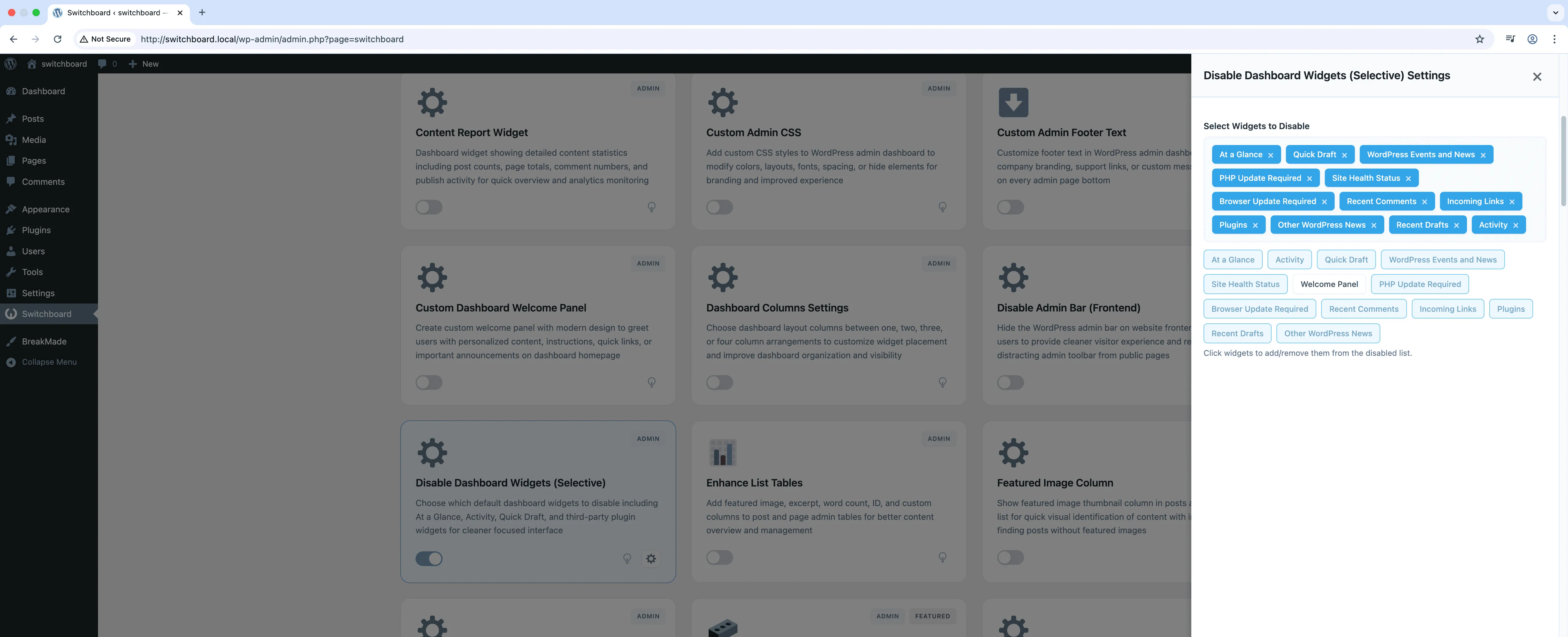 Settings - Disable Dashboard Widgets (Selective) module