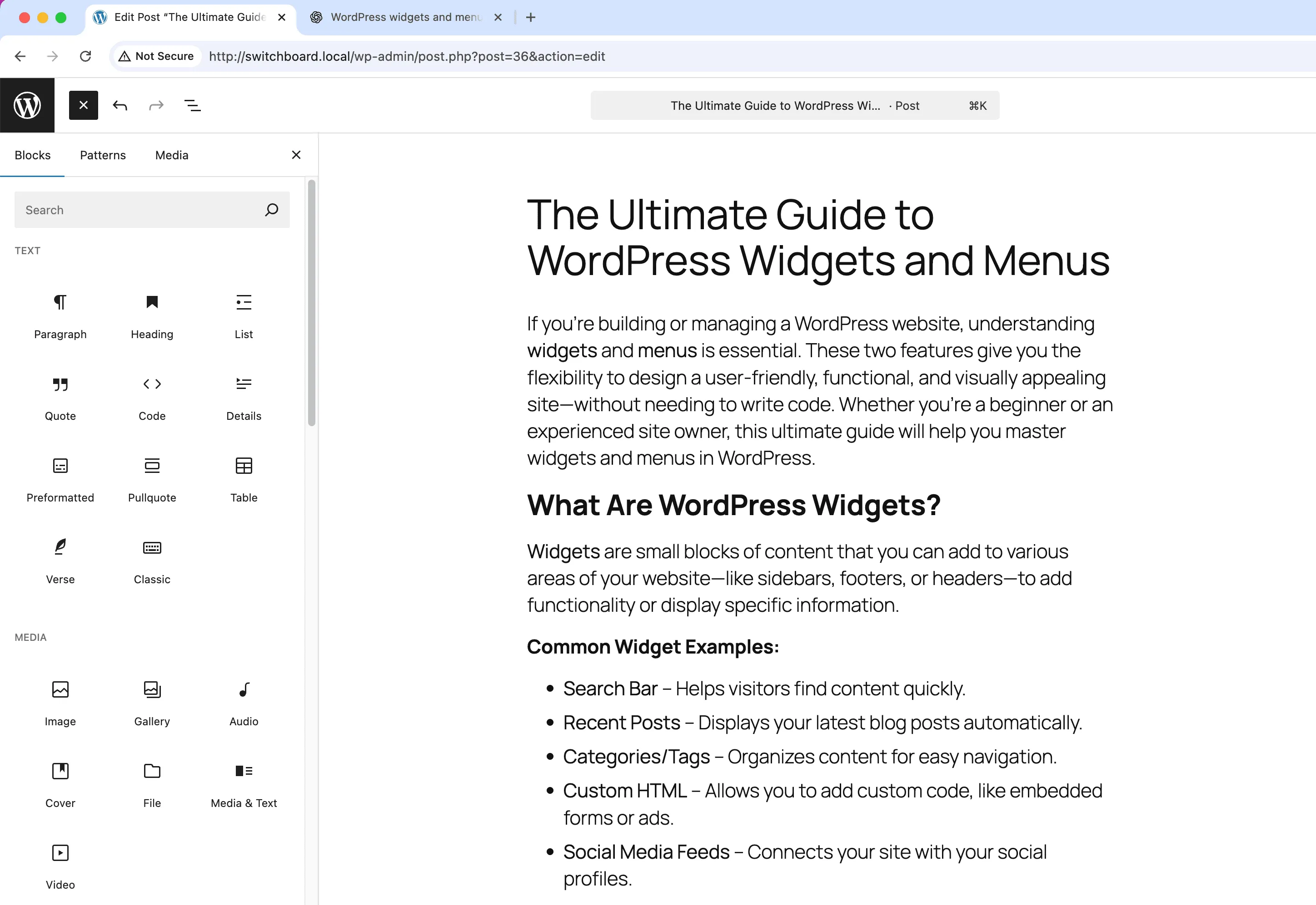 Before - Gutenberg Block Control module