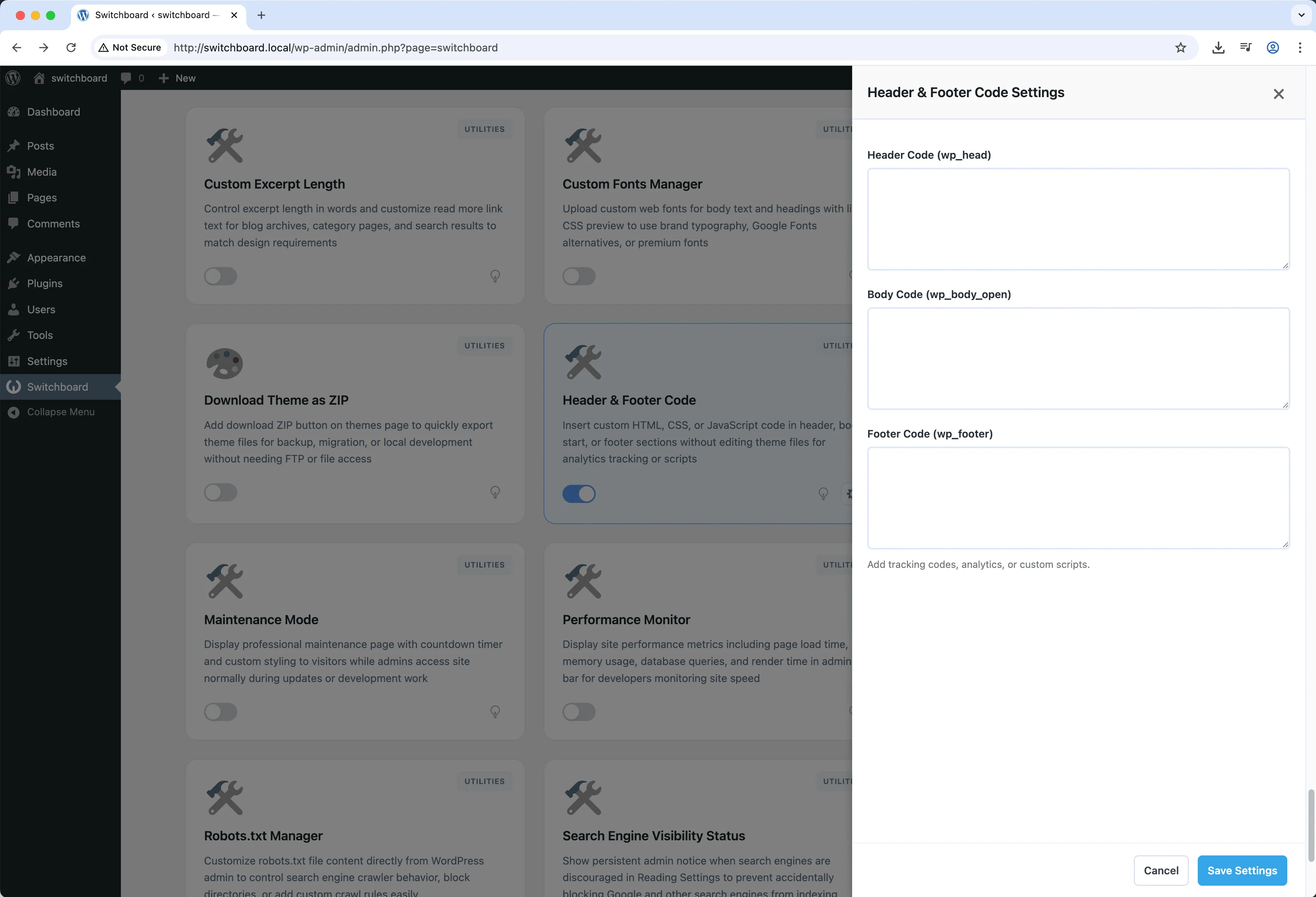 Settings - Header & Footer Code module