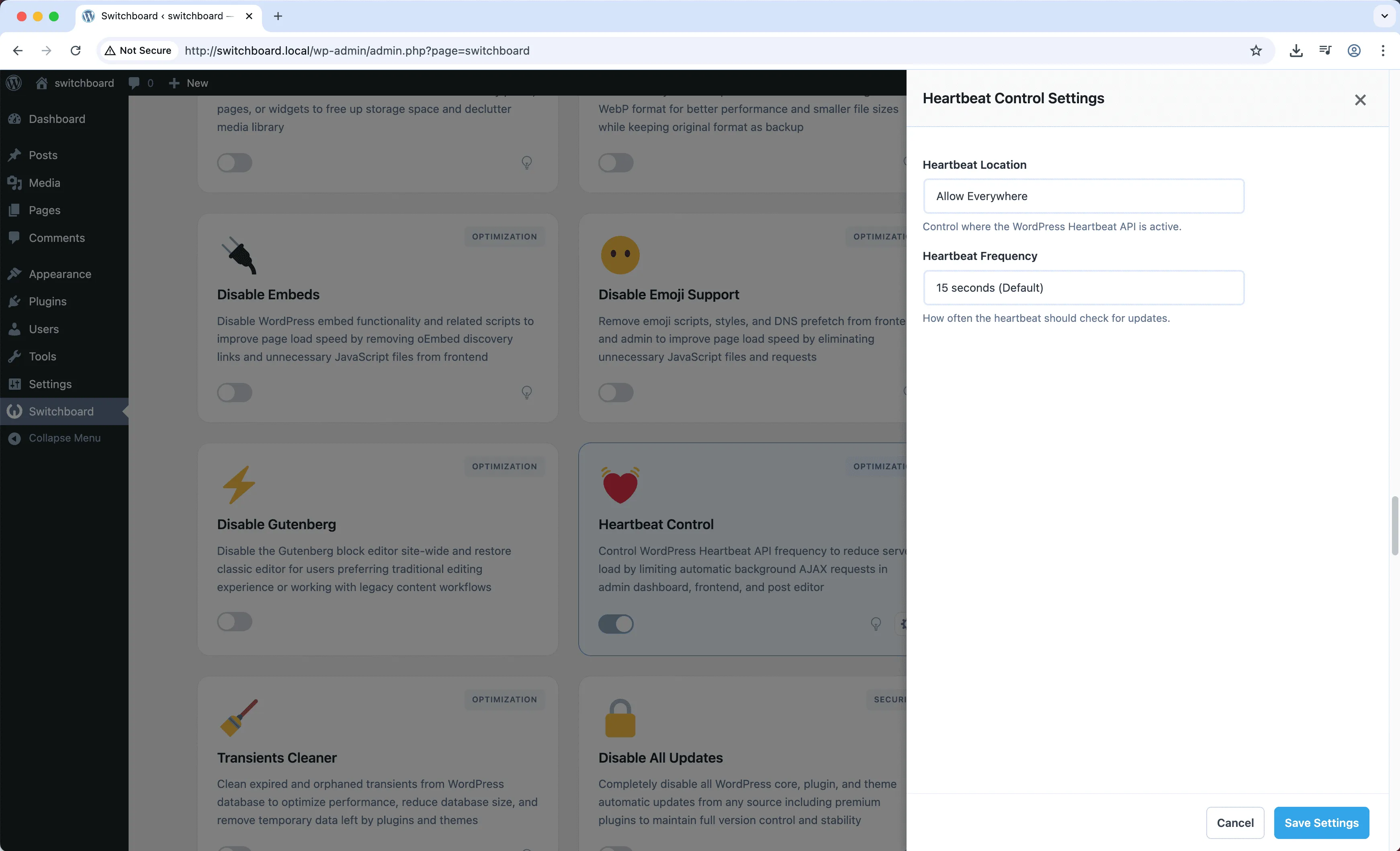 Settings - Heartbeat Control module