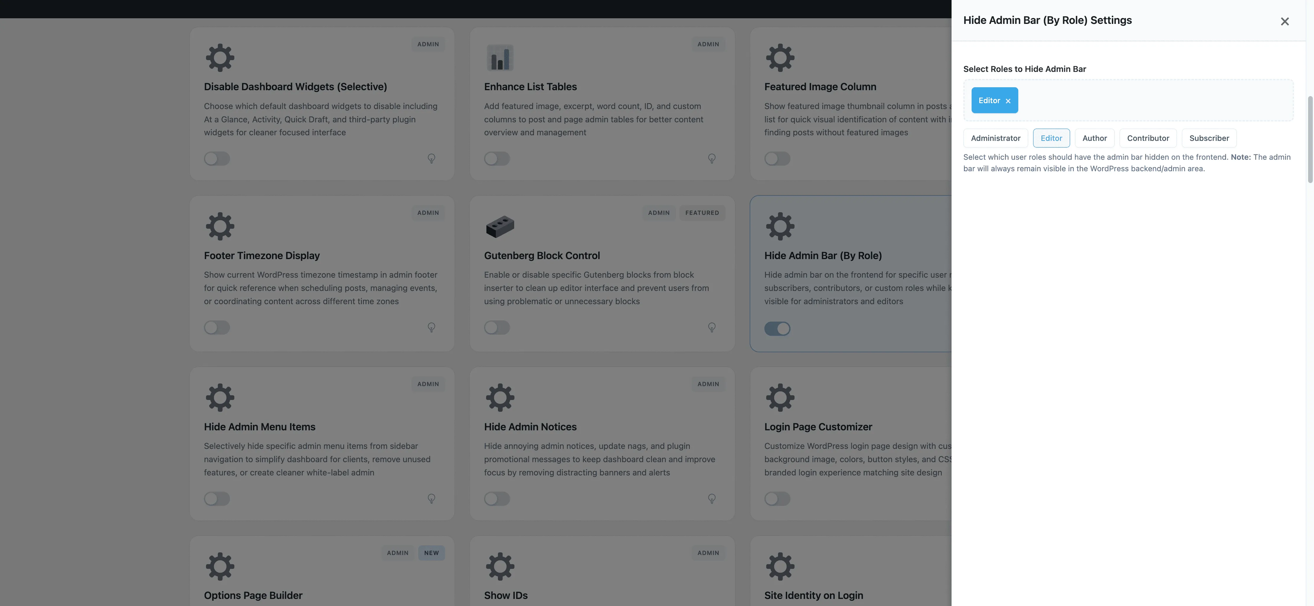 Settings - Hide Admin Bar (By Role) module