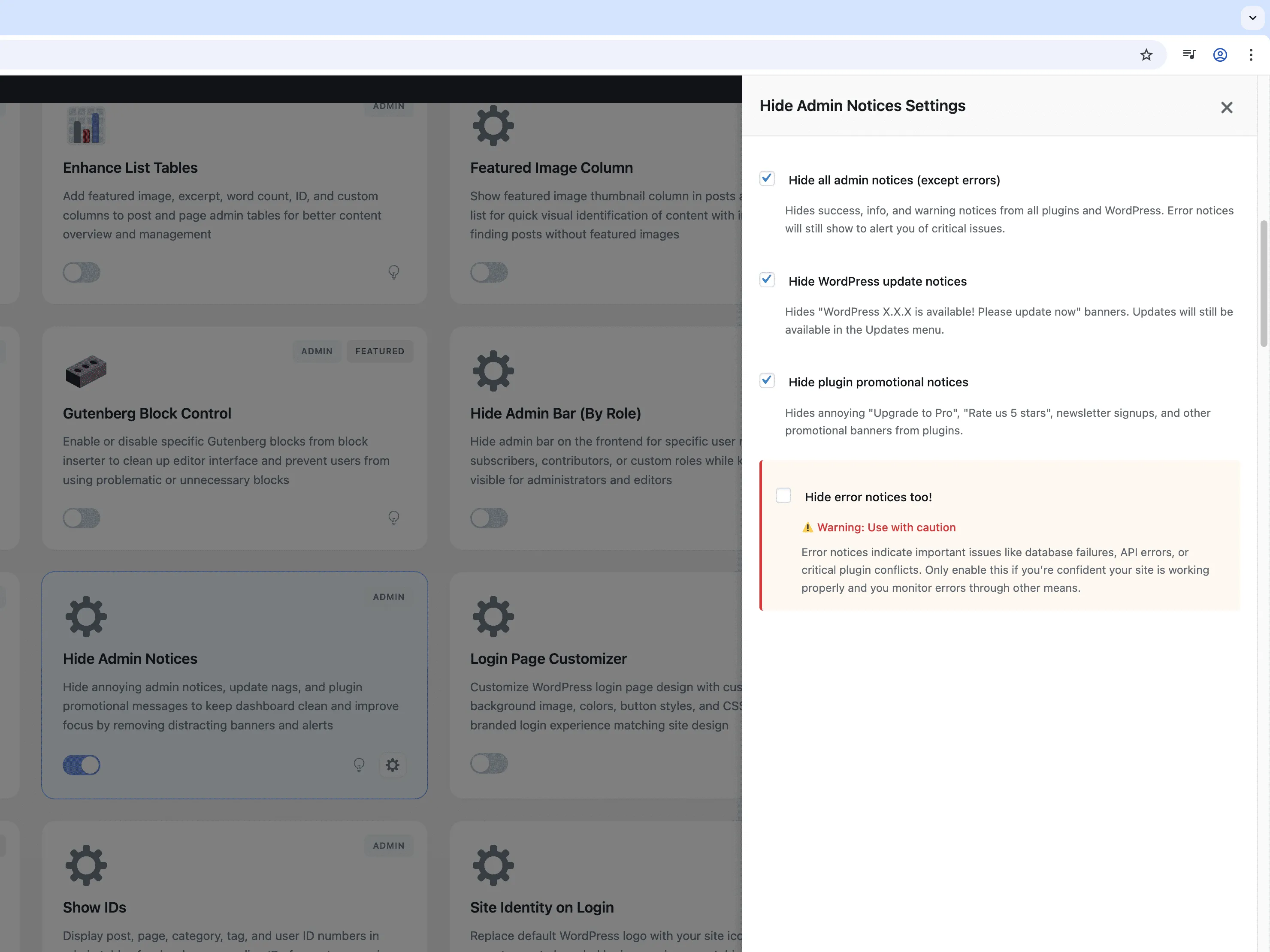 Settings - Hide Admin Notices module