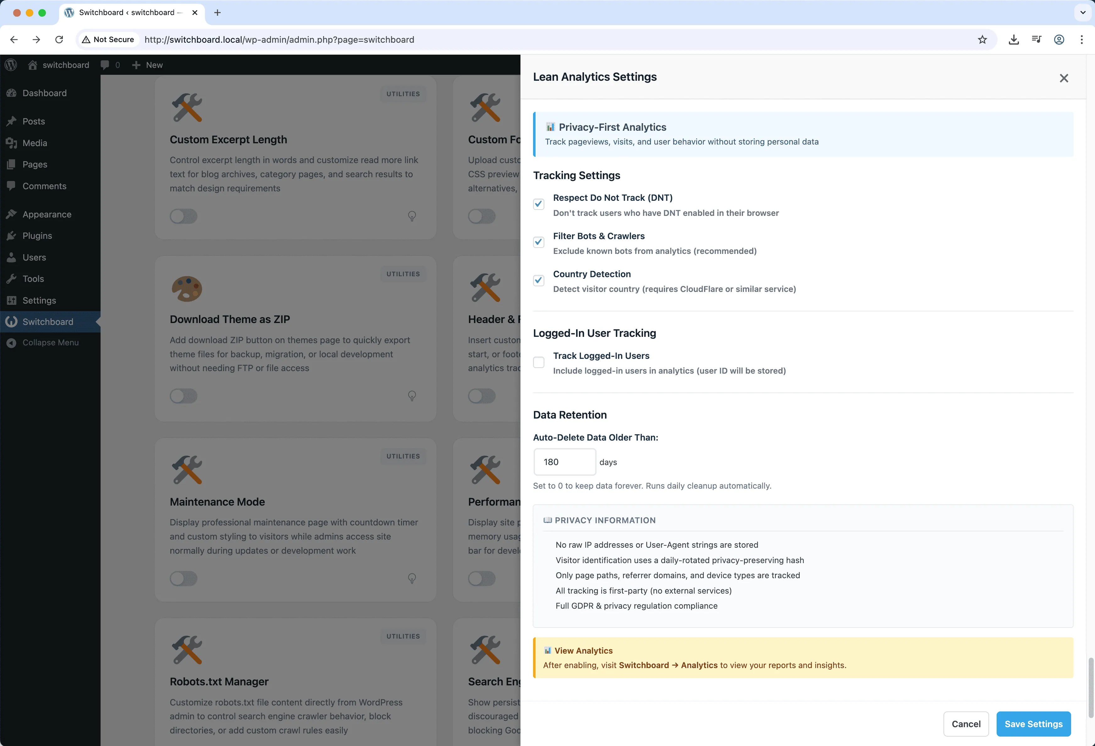 Settings - Lean Analytics module