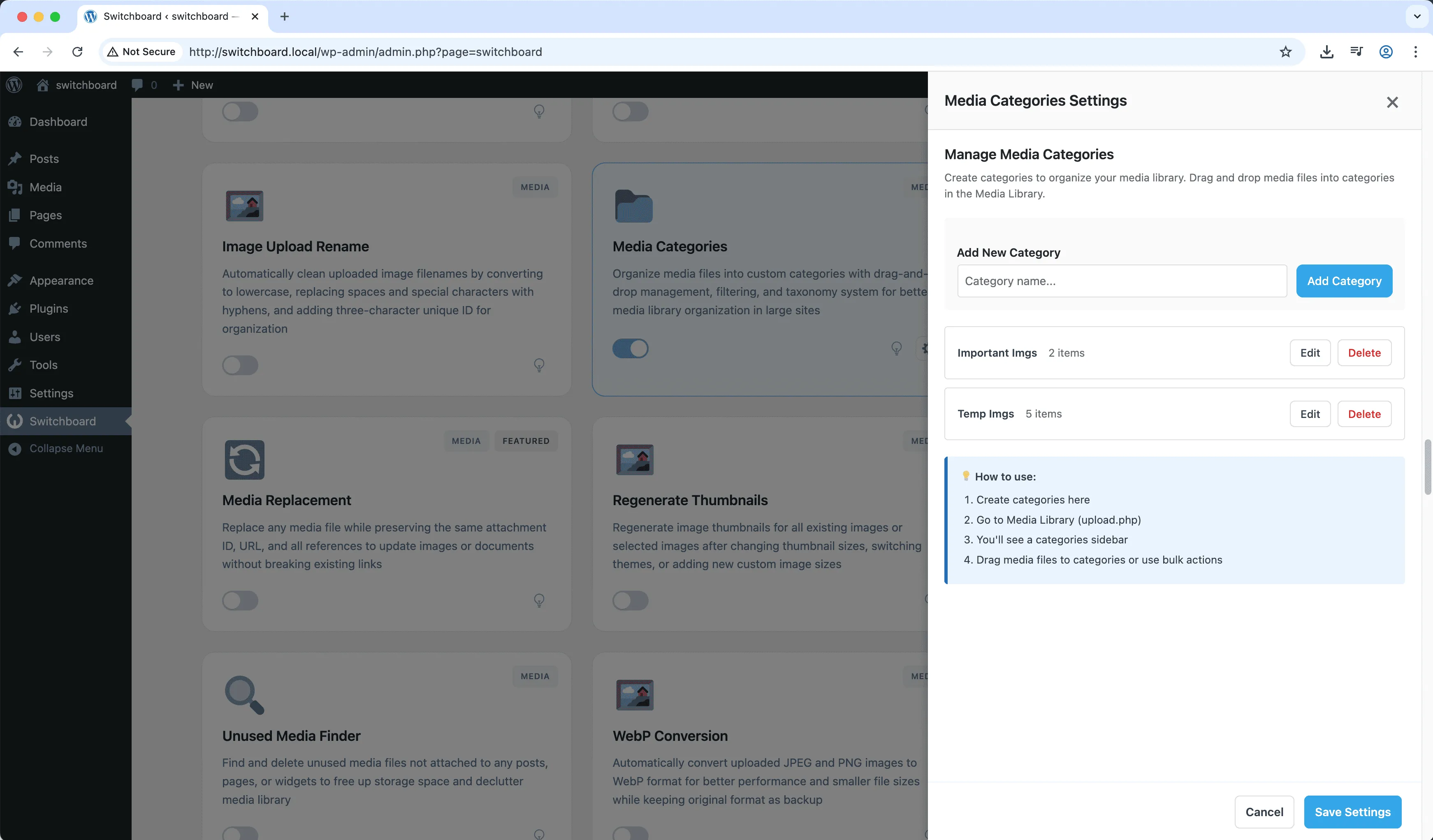 Settings - Media Categories module