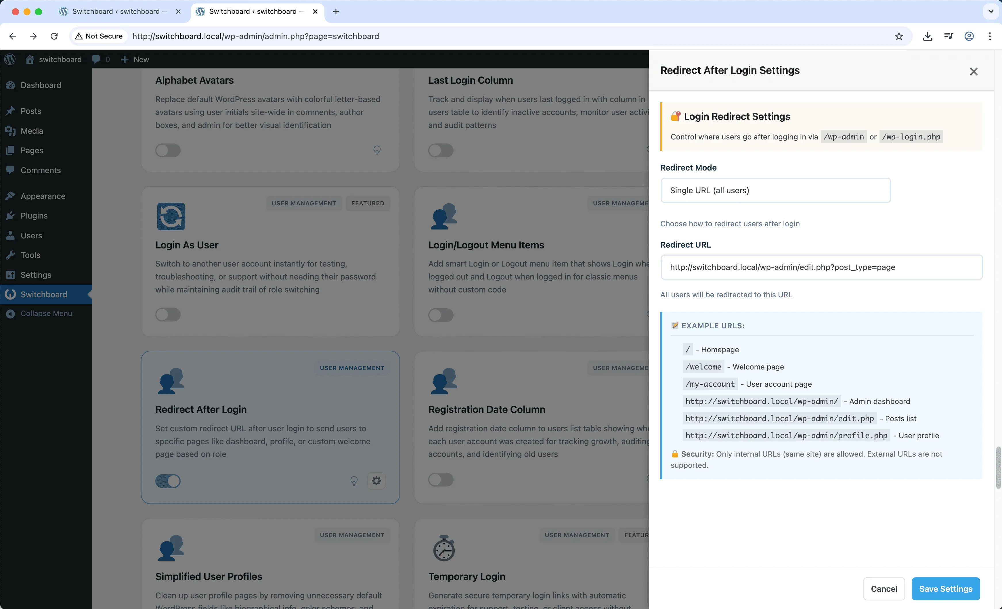Settings - Redirect After Login module
