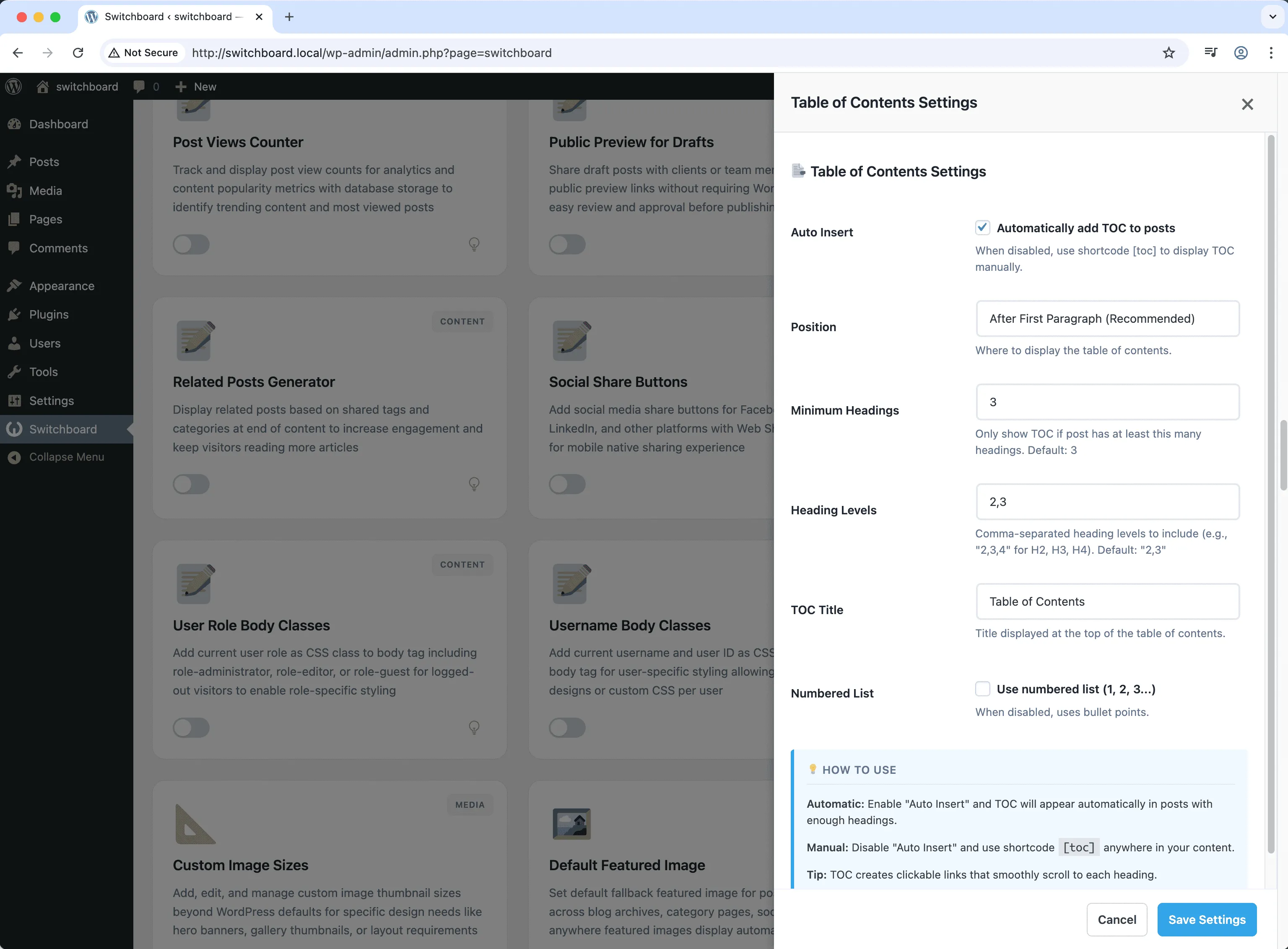 Settings - Table of Contents module