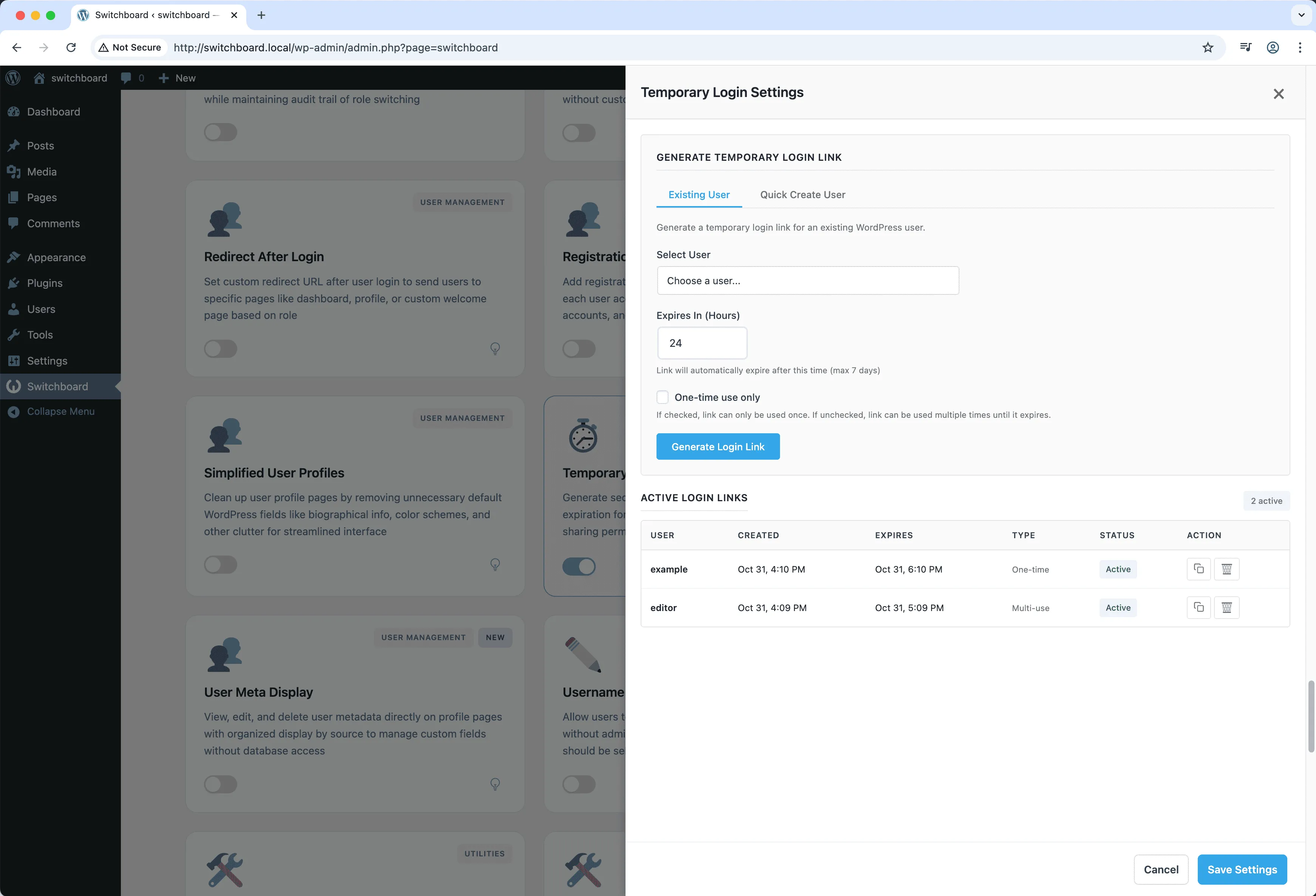 Settings - Temporary Login module