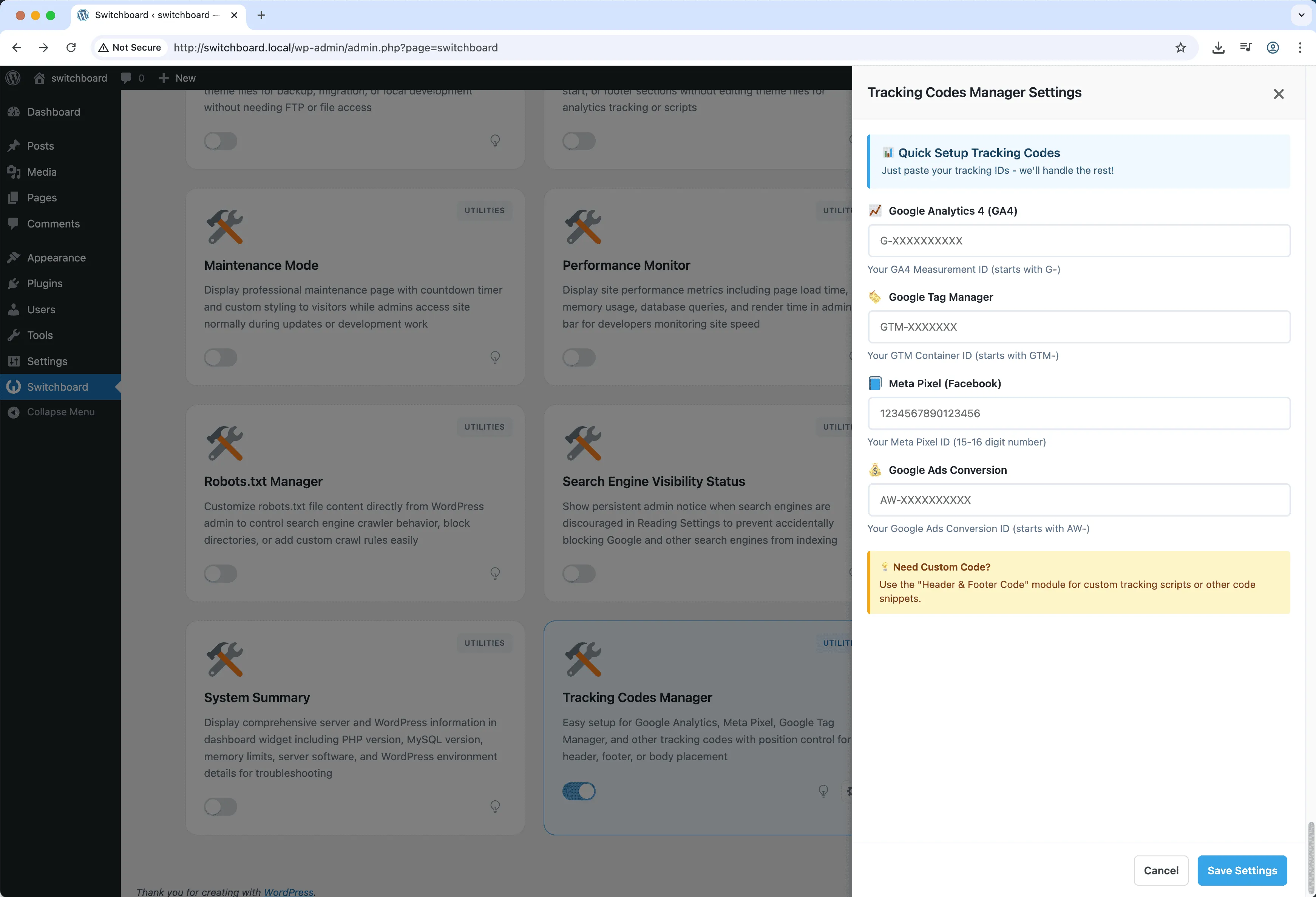 Settings - Tracking Codes Manager module