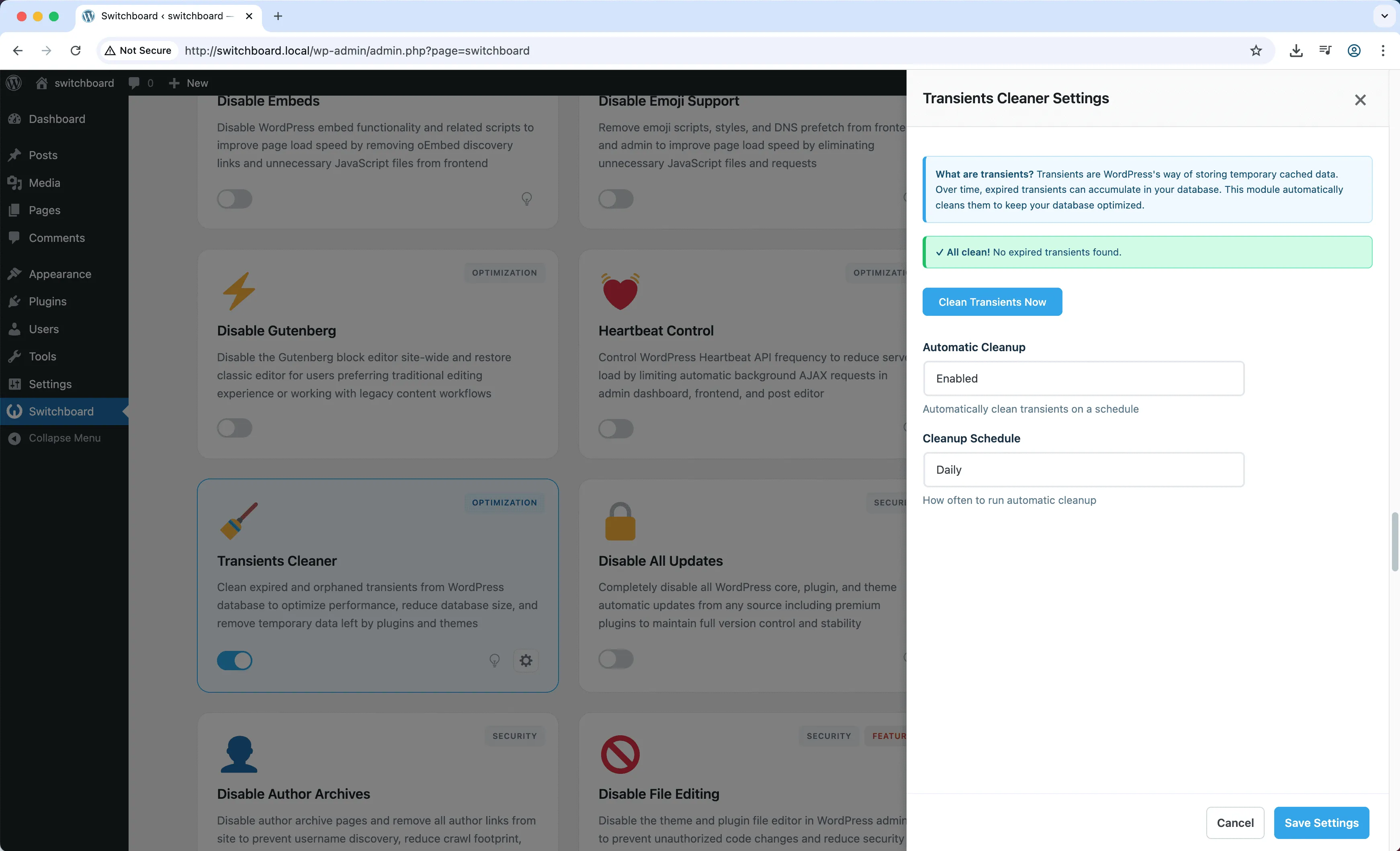 Settings - Transients Cleaner module