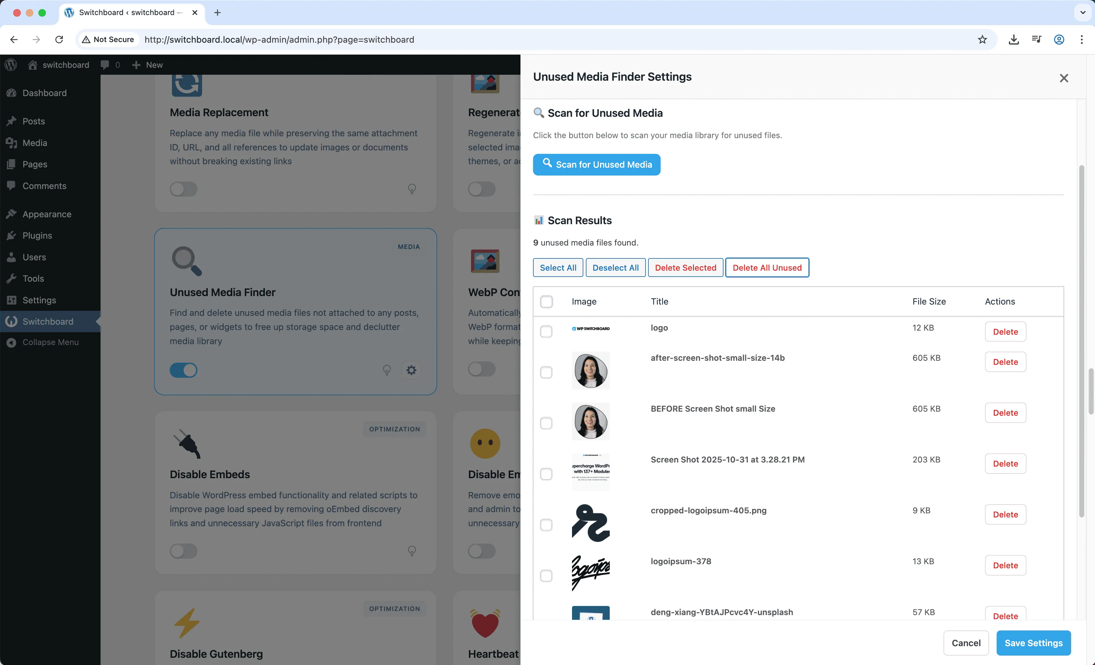 Settings 2 - Unused Media Finder module