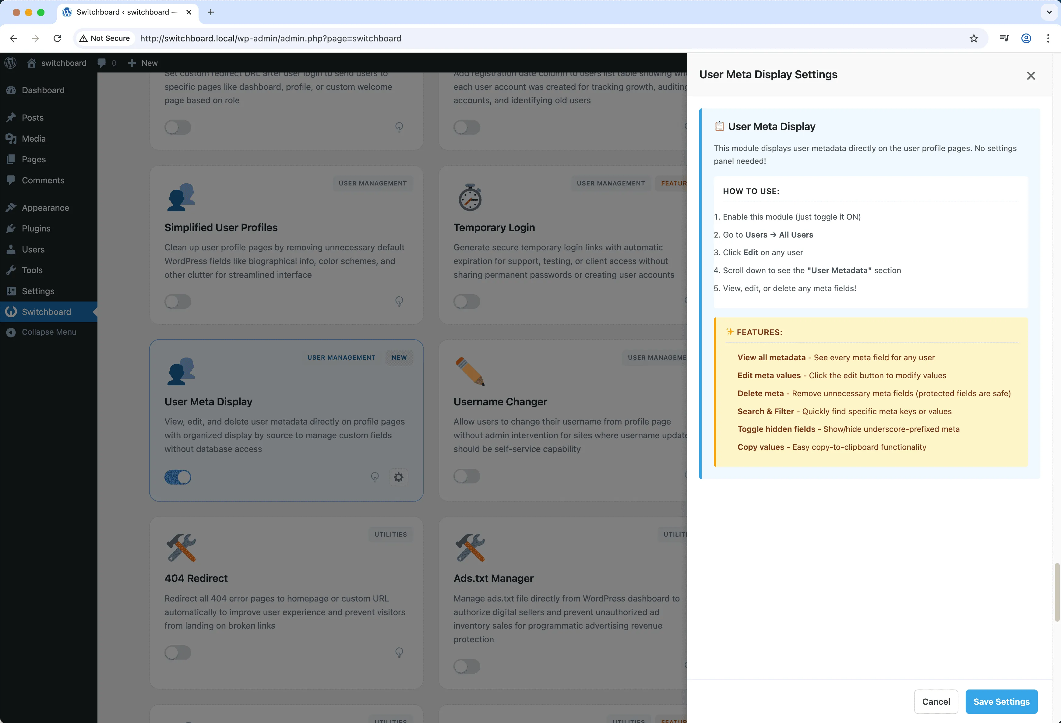 Settings - User Meta Display module
