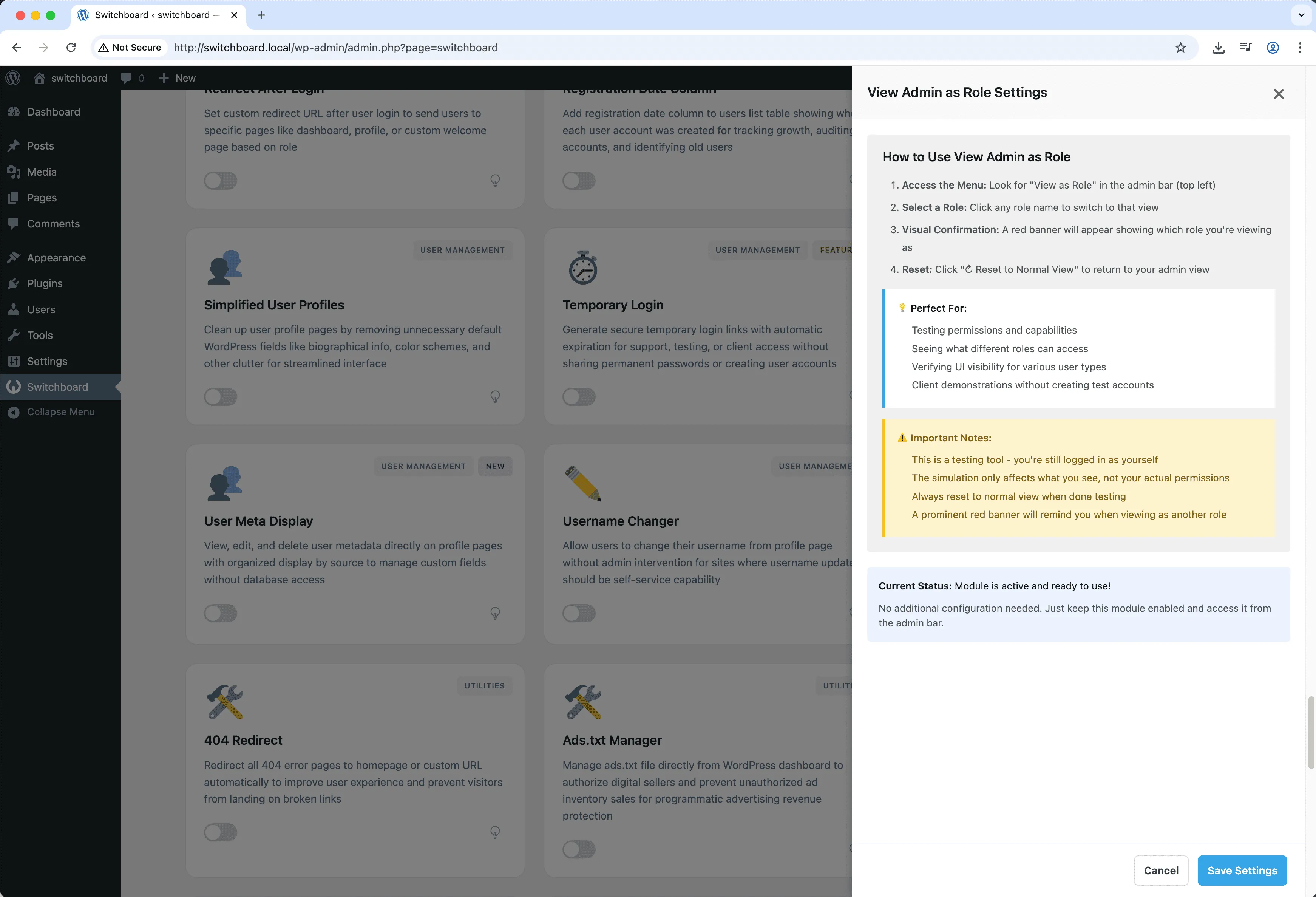 Settings - View Admin As Role module