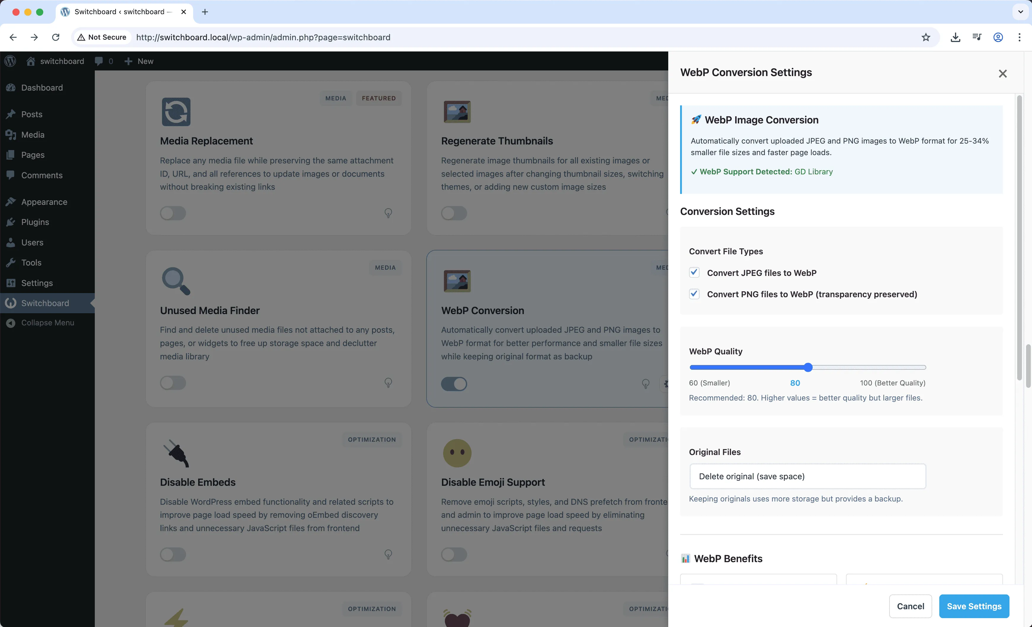 Settings - WebP Conversion module