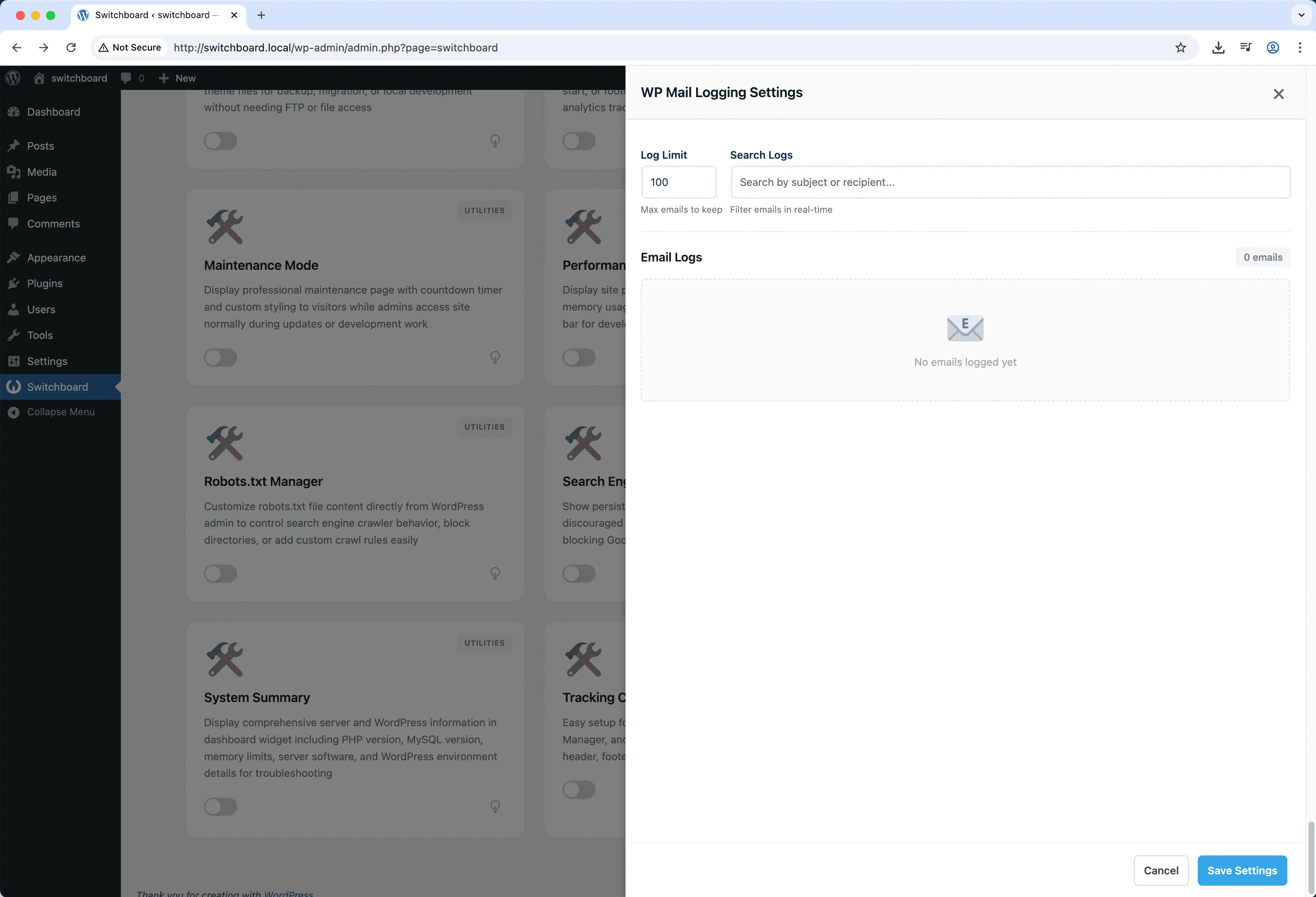Settings - WP Mail Logging module
